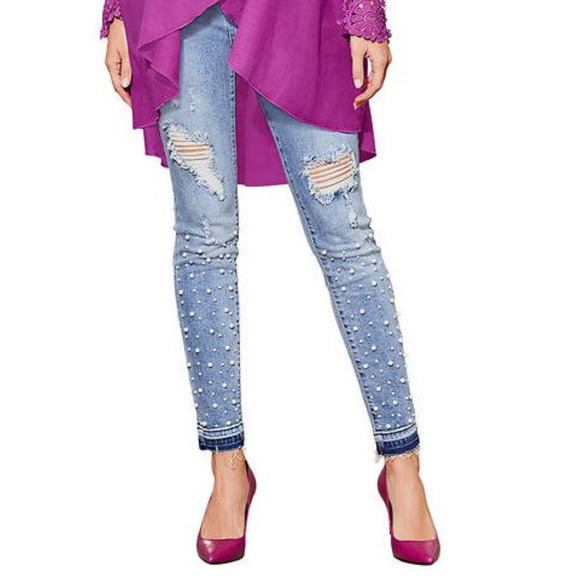 Distressed Jeans Size 4 Skinny Studded Pearls Jeans High Stretch Stonewashed MED - Picture 6 of 6